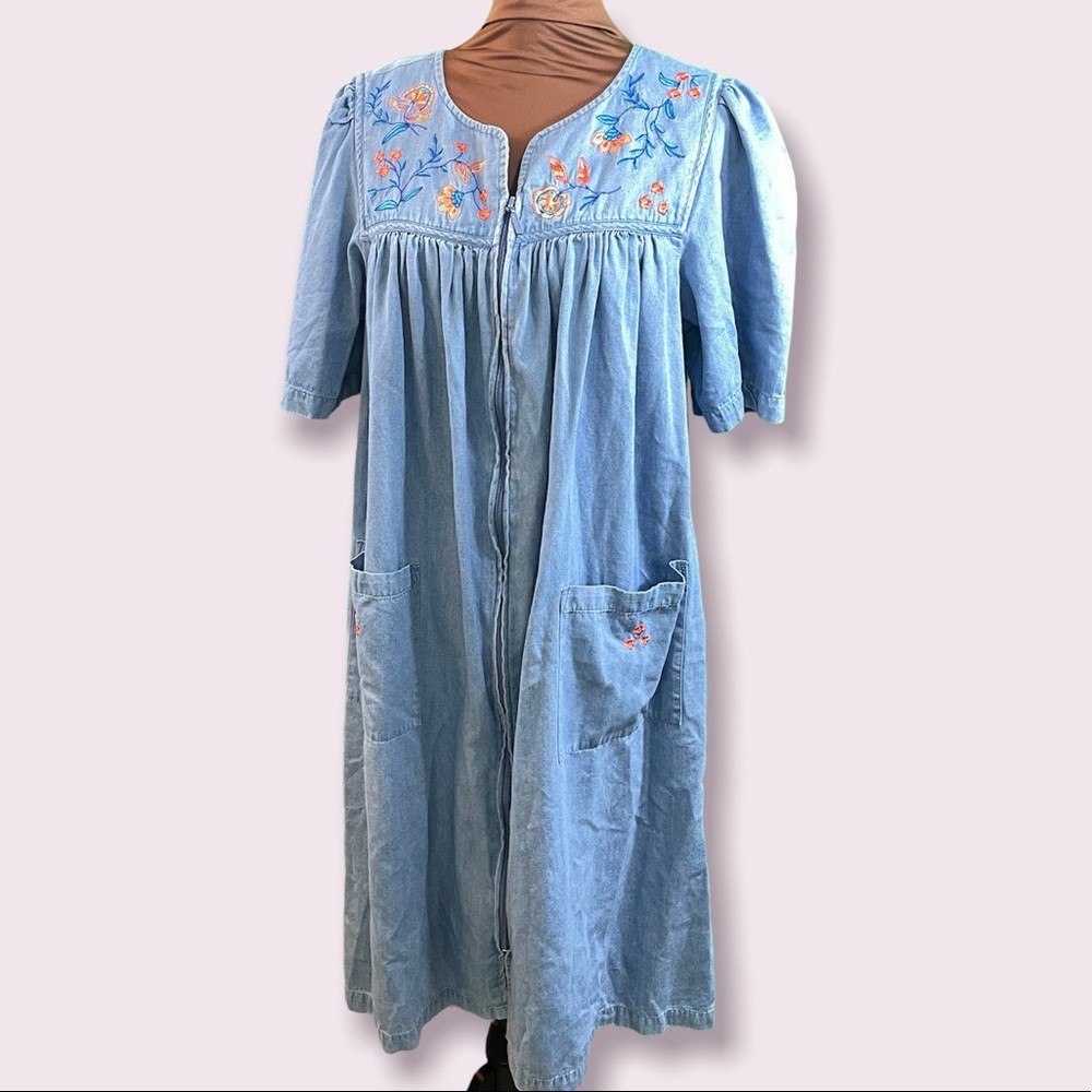 denim embroidered flower maxi dress